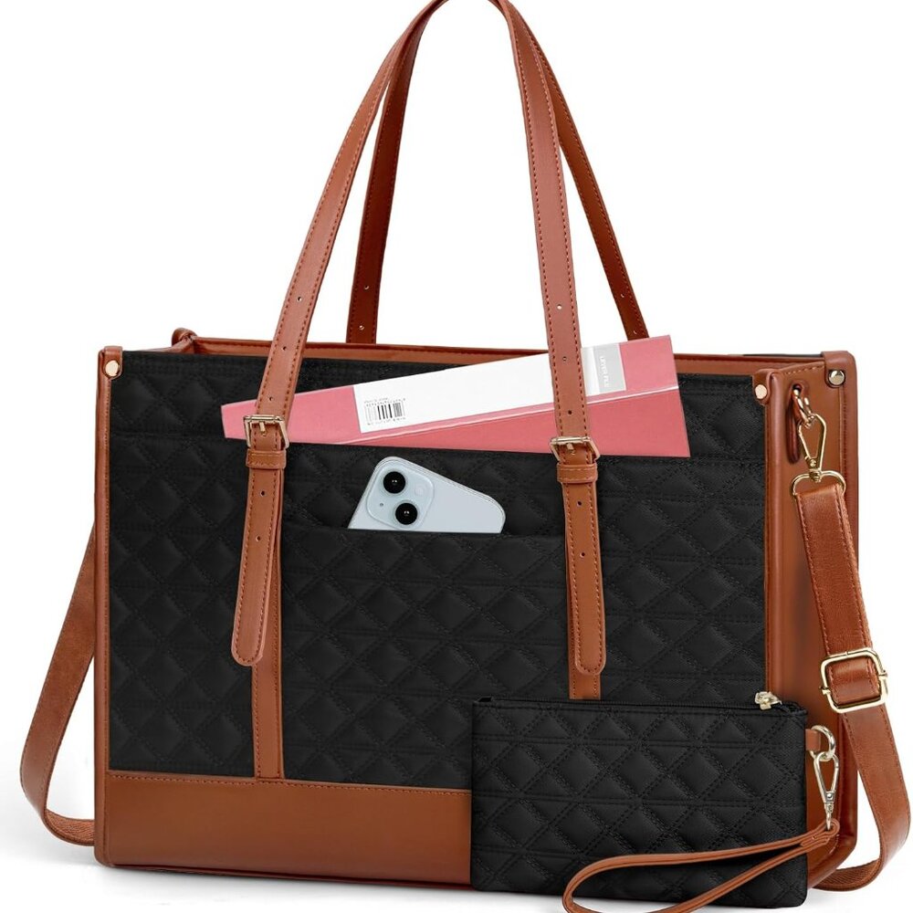 Laptop Bag for Women 15.6 Inch Vegan Leather Work Tote Bag Quilted Womens Briefc